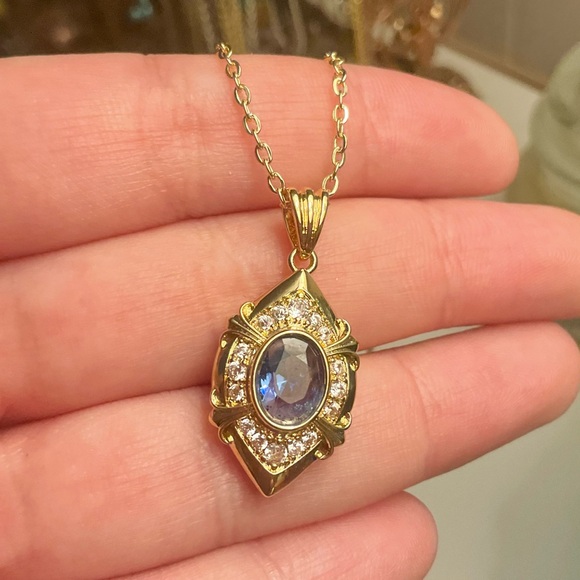 Art Deco Necklace Sapphire Blue Crystal Pendant Gold Amulet CZ Crystal Evil Eye - Picture 6 of 6